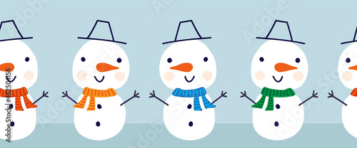 Snowman seamless vector border. Cute snowmen standing in horizontal row. Winter holidays repeating border flat Scandinavian style. For kids decor, ribbons, kids winter wear, banner, greeting card.