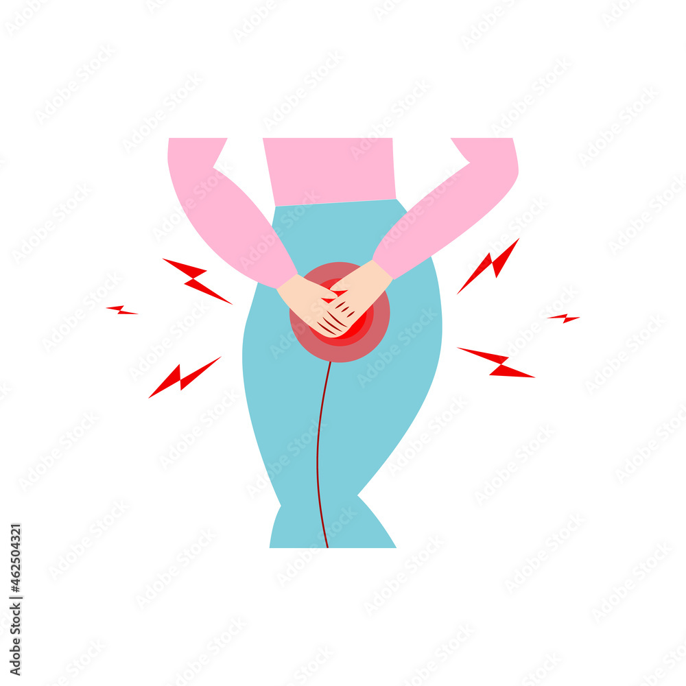 Urinary incontinence problem. Woman hands holding her crotch, Female want to pee all the time. Isolated on white background. Vector illustration.