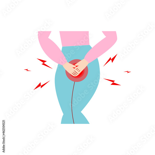 Urinary incontinence problem. Woman hands holding her crotch, Female want to pee all the time. Isolated on white background. Vector illustration.