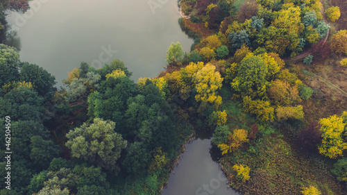 Aerial view of two lake and autumn forests on morning. Place for fishing