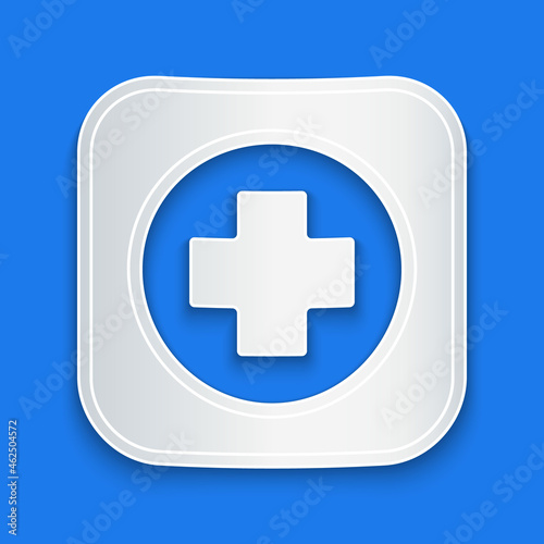 Paper cut Hospital signboard icon isolated on blue background. Paper art style. Vector