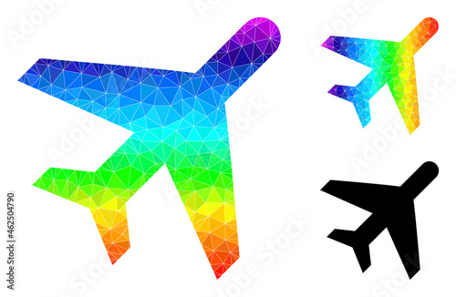 Low-poly airplane icon with spectral vibrant. Rainbow vibrant polygonal airplane vector is designed with scattered colored triangles.