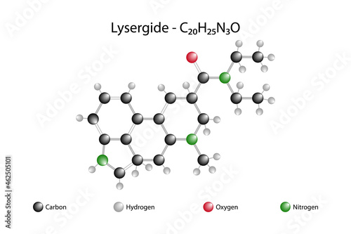 Molecular formula of lysergic acid diethylamide. Lysergic acid diethylamide (LSD) is a semisynthetic psychoactive hallucinogen. photo