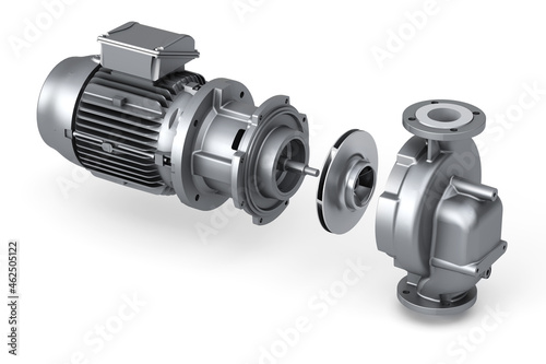 Black Electric water pump disassembled on white background. 3D Render