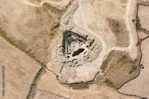 View from above, stunning aerial view of the ancient Santu Antine Nuraghe. Santu Antine Nuraghe is one of the largest Nuraghi in Sardinia, Italy.
