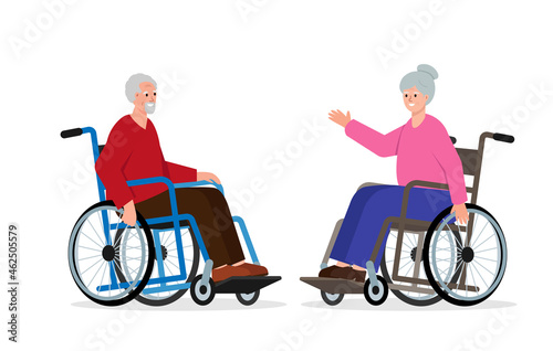 Happy elderly man and woman sitting in a wheelchairs.