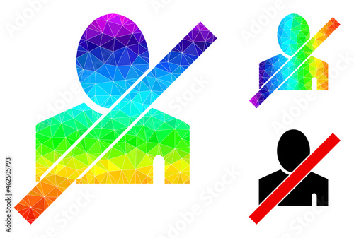 lowpoly blacklisted man icon with spectral vibrant. Spectrum vibrant polygonal blacklisted man vector combined with scattered colorful triangles.