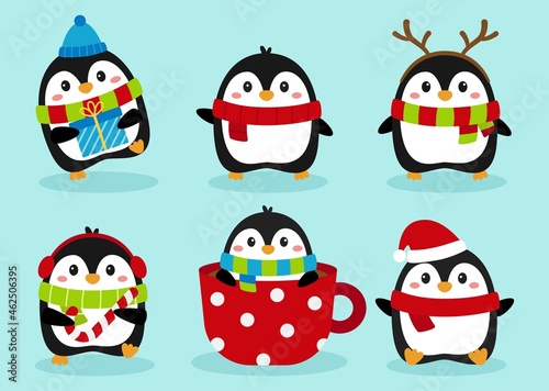 Penguins christmas penguin characters in winter set isolated on blue background. vector Illustration.