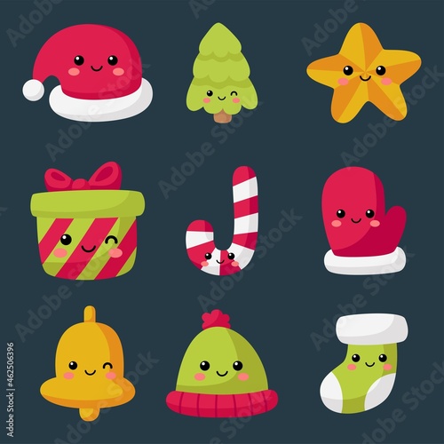 Kawaii christmas cartoons flat icon set isolated on blue background. vector Illustration.