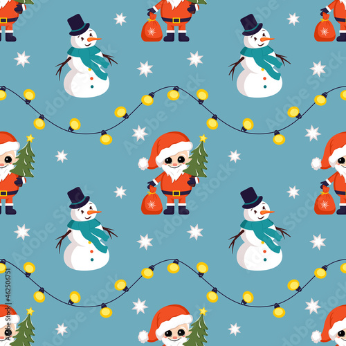 Seamless Christmas pattern with snowmen, Santa Claus, snowflakes and garland. Bright print for New Year and winter holiday, wrapping paper, textiles and designs.