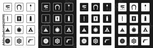 Set Shovel, Wanted western poster, Military knife, Road traffic signpost, Bullet, Horseshoe, Indian teepee wigwam and icon. Vector