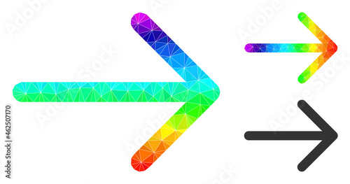 lowpoly arrow right icon with spectral colorful. Rainbow colorful polygonal arrow right vector designed with random colorful triangles.