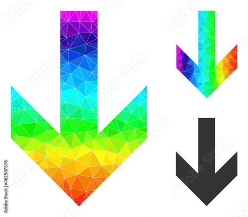 lowpoly arrow down icon with spectral colorful. Spectral colorful polygonal arrow down vector is designed with randomized vibrant triangles.