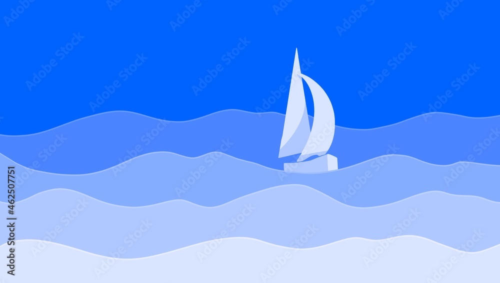 Naklejka premium Paper cut seascape, sailboat with white sails on blue sea waves.