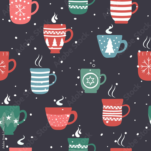 Seamless pattern for Christmas holiday with cocoa chocolate cup.