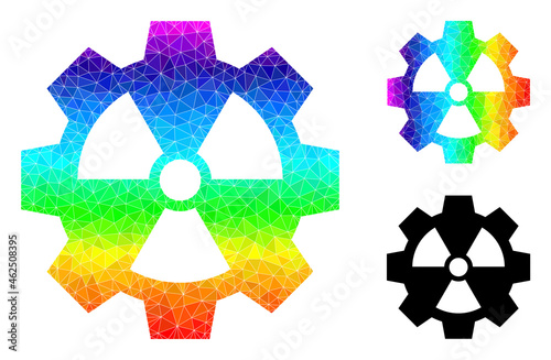 Low-poly atomic industry icon with spectral colored. Spectrum colored polygonal atomic industry vector is filled of randomized colored triangles.