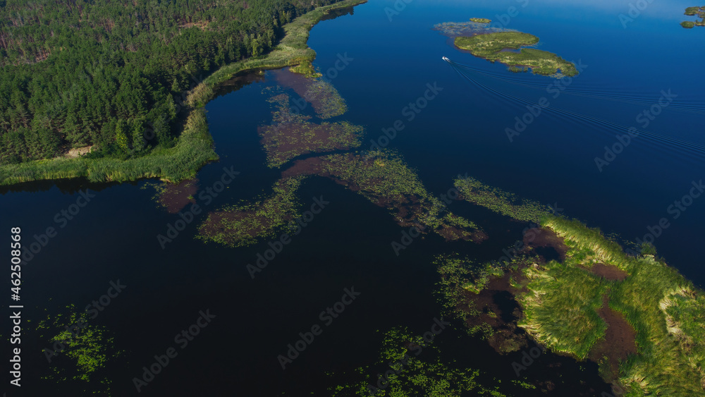 Aerial View of Place for hunting and fishing on the river. Dnipro river.