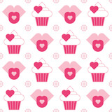 Valentine's day abstract background with cupcakes, mouths, hearts geometric simbols. Sweet love pattern. Texture, ornament for wallpaper. wrapping paper, textile, fabric, menu cover, invitation