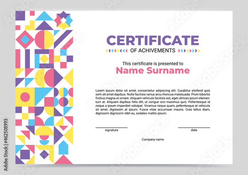 Certificate template decorated with abstract geometrical mosaic border. Elegant modern concept. Vector illustration, flat, minimalism. Document gesign for business, competition, job achivment, diploma photo