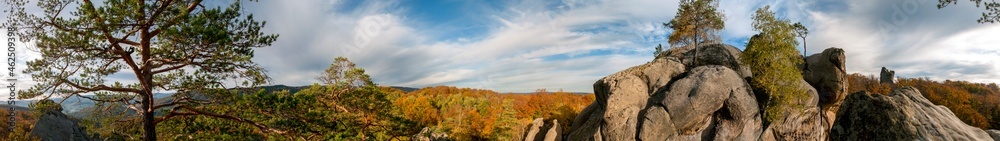 Autumn panorama in the rocky mountains. Trees in a color palette.