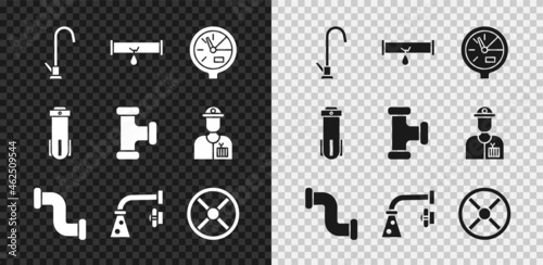 Set Water tap, Broken pipe with leaking water, meter, Industry metallic, valve, filter and icon. Vector