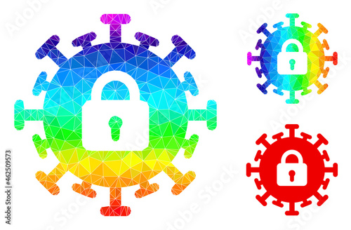 lowpoly contagious lockdown icon with spectral vibrant. Spectrum vibrant polygonal contagious lockdown vector is combined of scattered bright triangles.