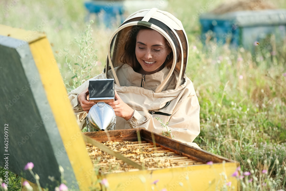 Female beekeeper with smoker at apiary