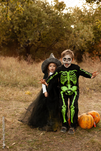 boy and girl dressed as a witch and a skeleton with pumpkins in nature in warm orange colors