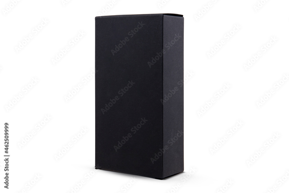 Black cosmetic packaging box isolated on white background 