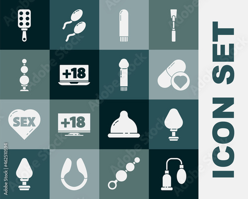 Set Penis pump, Anal plug, Pills for potency, aphrodisiac, Dildo vibrator, Laptop with 18 plus content, beads, Spanking paddle and icon. Vector