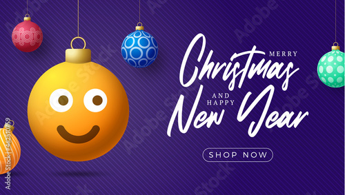Merry Christmas card with smile emoji face. Vector illustration in flat style with Xmas lettering and emotion in christmas ball hang on thread on background