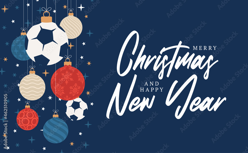 football christmas greeting card. Merry Christmas and Happy New Year flat cartoon Sports banner. soccer ball as a xmas ball on background. Vector illustration.