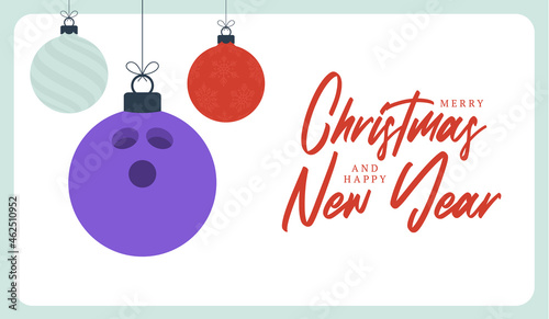 bowling christmas greeting card. Merry Christmas and Happy New Year flat cartoon Sports banner. bowling ball as a xmas ball on background. Vector illustration.