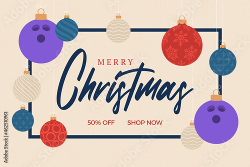 bowling christmas greeting card. Merry Christmas and Happy New Year flat cartoon Sports banner. bowling ball as a xmas ball on background. Vector illustration.