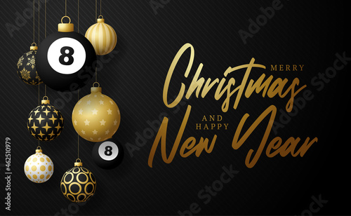 billiard Christmas card. Merry Christmas sport greeting card. Hang on a thread billiard ball as a xmas ball and golden bauble on black horizontal background. Sport Vector illustration.