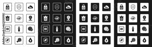 Set CO2 emissions in cloud, Recycle clean aqua, bin with recycle, Paper bag, Location leaf, symbol inside shield, Earth globe and and Electrical outlet icon. Vector