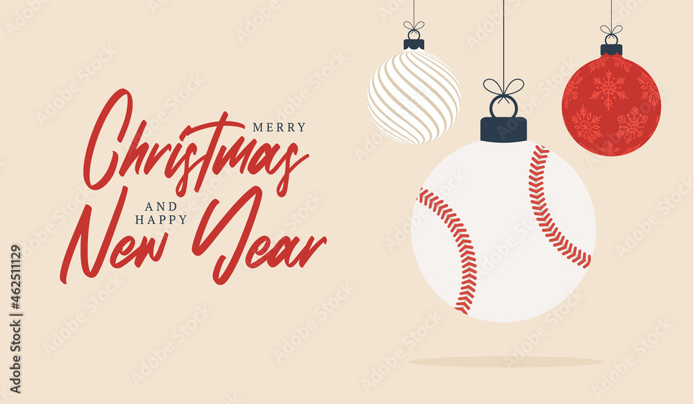 Naklejka premium baseball christmas greeting card. Merry Christmas and Happy New Year flat cartoon Sports banner. baseball ball as a xmas ball on background. Vector illustration.