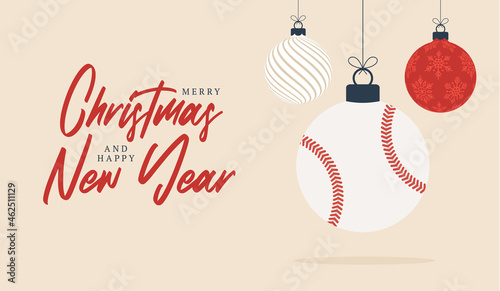 baseball christmas greeting card. Merry Christmas and Happy New Year flat cartoon Sports banner. baseball ball as a xmas ball on background. Vector illustration.