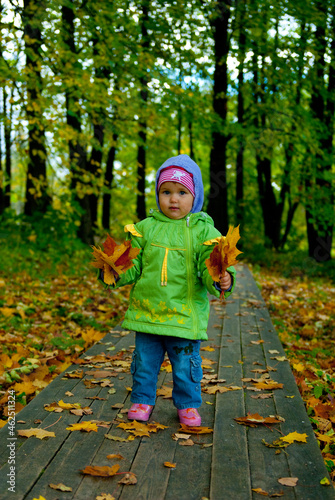 little child playing in autumn park