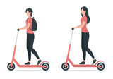 People are riding kick scooters. Flat colored illustration. Isolated on white background. 