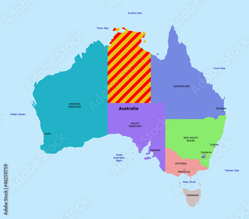 Vector Northern Territory on Australia map illustration, red highlighted hatched area. Highlighted illustration of Northern Territory on Australia map with red hatch for attention.