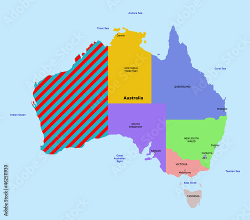 Vector Western Territory on Australia map illustration, red highlighted hatched area. Highlighted illustration of Western Territory on Australia map with red hatch for attention.