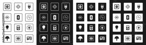 Set Electric plug, light switch, circuit scheme, Electrical outlet, Processor with microcircuits CPU, and Light emitting diode icon. Vector