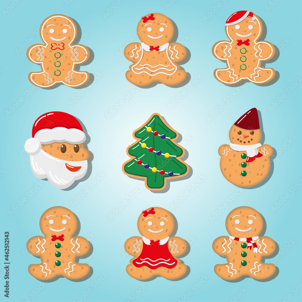 Ginger cookies on a light background, ginger men, Christmas tree, Santa and snowman, sweets for Christmas