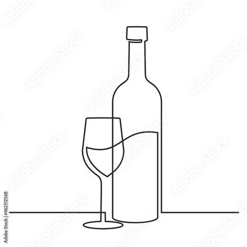 Continuous one line drawing of wine glass and bottle. Vector illustration