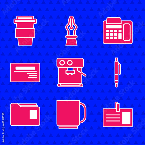 Set Coffee machine, cup, Identification badge, Pen, Document folder, Business card, Telephone and to go icon. Vector