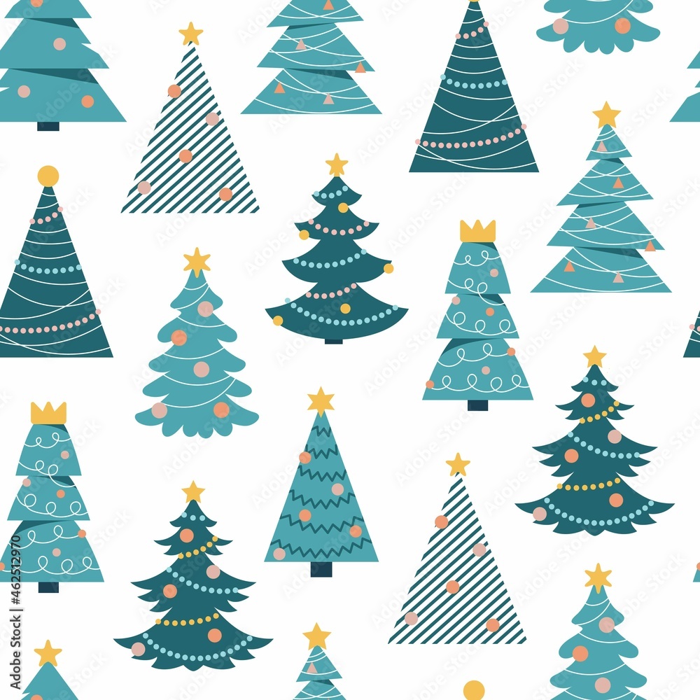 Seamless pattern with cartoon Christmas trees on a white background. Simple scandinavian trendy flat vector. Hand drawing. Design for fabric, print, wrapper