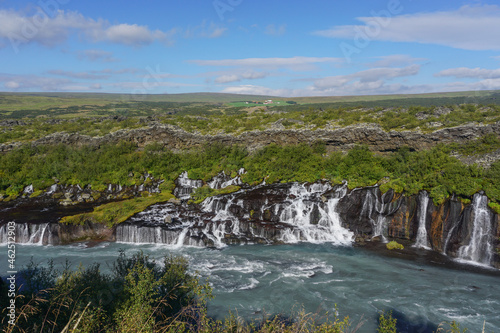 Borgarfjordur Region, Iceland: The Hraunfossar waterfalls, formed by rivulets streaming out of the Hallmundarhraun, a lava field formed by an eruption of a volcano under the glacier Langjokull.