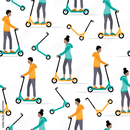 Seamless pattern with people riding electric scooters.