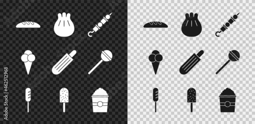 Set Bread loaf, Khinkali on cutting board, Grilled shish kebab, Fried sausage, Ice cream, Popcorn box, waffle cone and French hot dog icon. Vector